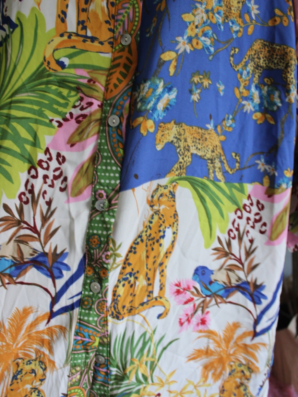 Rose + Olive 1X Patchwork Leopard Tropical Print Oversized Button Down Shirt - Picture 3 of 12